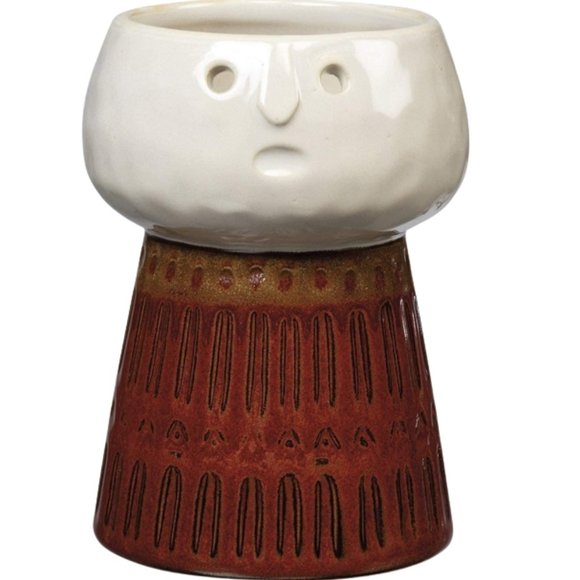 Mushroom Face Brown and White Stoneware Vase
